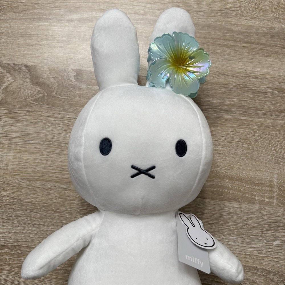 MIFFY White 14" Stuffed Plushie w/ Iridescent Hibiscus Hawaiian Flower Claw Clip - Picture 3 of 14